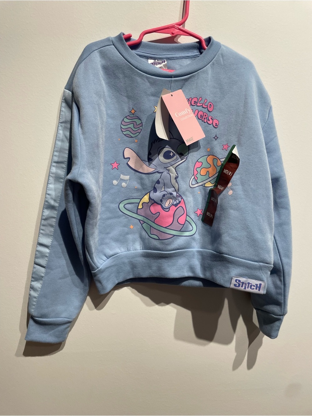 Disney Stitch Girls Fleece Sweatshirt Light Blue Medium (8) NWT